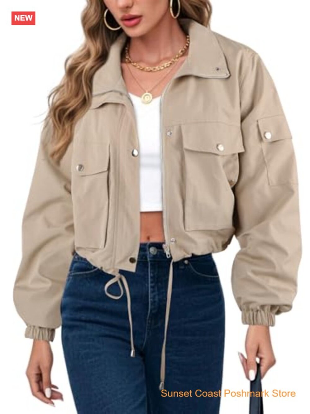Womens Cropped Bomber Jacket Zip Up Lightweight Utility Anorak Coat With Pockets - Picture 5 of 7